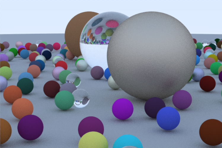 An imitation render of Peter Shirley's ray tracing in a weekend cover, rendered using my ray tracer